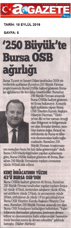Bursa’nın 250 Büyük Firması’nda Bursa OSB Ağırlığı…