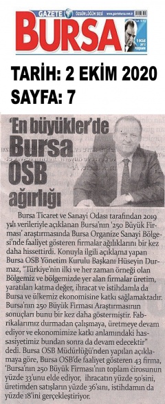 Bursa’nın 250 Büyük Firması’nda Bursa OSB Ağırlığı…